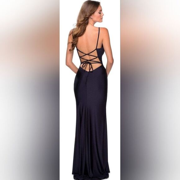 La Femme 28421 Strappy Back Ruched V-Neck Sheath Gown NWT Size 6 Navy Blue - Picture 2 of 5